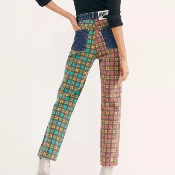 Ragged Priest x Free People plaid jeans red yellow blue green color block mom - Picture 3 of 9